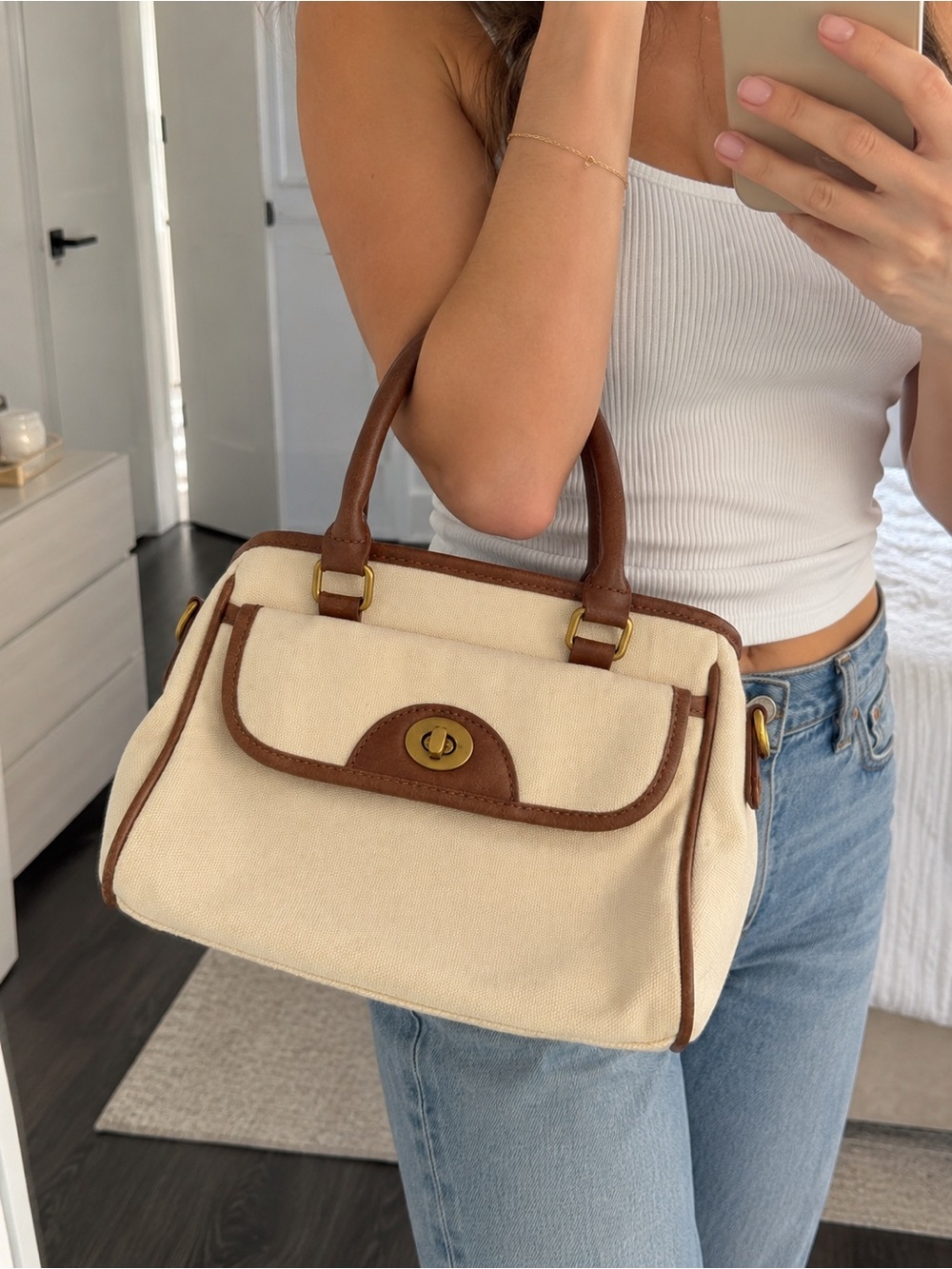 Canvas Satchel Handbag in Cream with Brown Trim